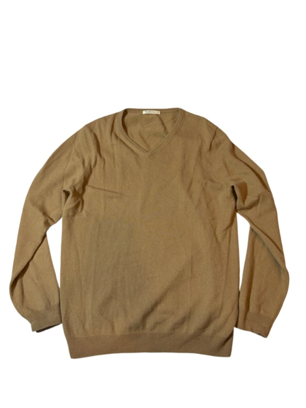 WoolOvers Merino Wool V Neck Sweater Camel Tan Minimalist Classic Preppy L